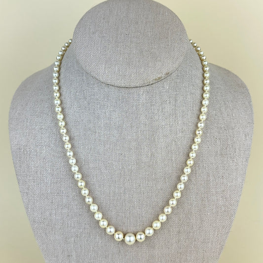 Vintage Graduated Single Strand Pearl Necklace with Sterling Silver and Pearl Clasp