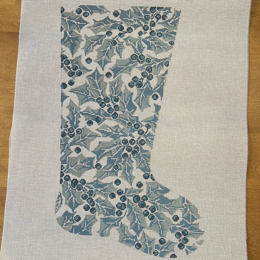 The Gingham Stitchery Kate Woodward Blue Holly Stocking 14 Mesh Needlepoint Canvas