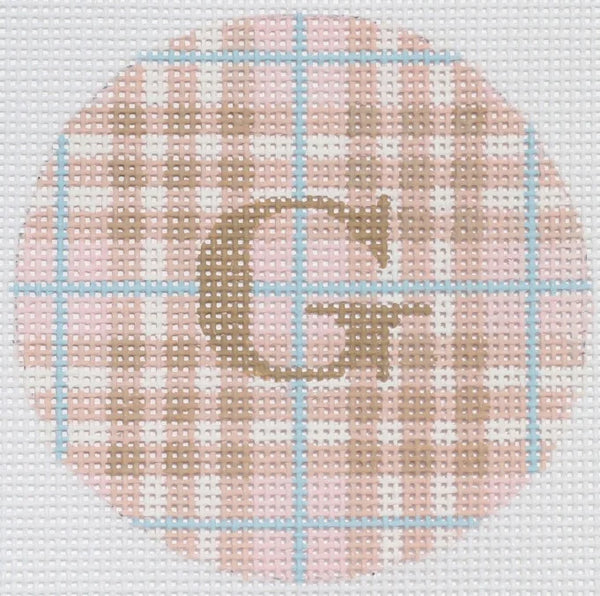 Kate Dickerson Needlepoint Collections Bright Disk Letter Pink and Tan Burberry Plaid Taupe Letter Specify Letter Or Blank Needlepoint Canvas
