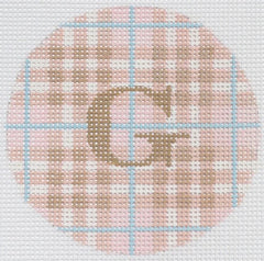Kate Dickerson Needlepoint Collections Bright Disk Letter Pink and Tan Burberry Plaid Taupe Letter Specify Letter Or Blank Needlepoint Canvas