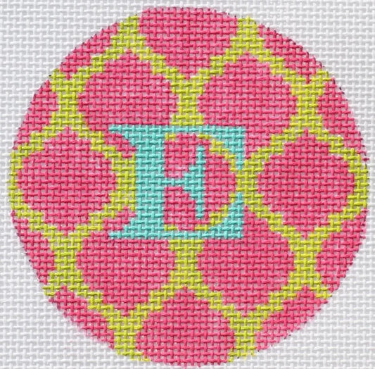 Kate Dickerson Needlepoint Collections Bright Disk Letter Hot Pink and Lime Quatrefoil Damask Deep Turquoise Letter Specify Letter Or Blank Needlepoint Canvas