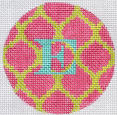 Kate Dickerson Needlepoint Collections Bright Disk Letter Hot Pink and Lime Quatrefoil Damask Deep Turquoise Letter Specify Letter Or Blank Needlepoint Canvas