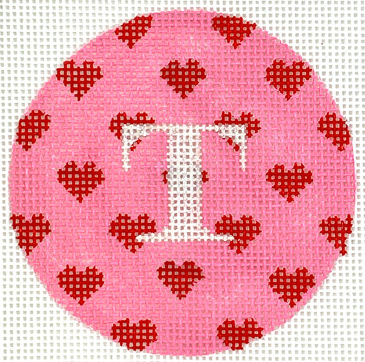 Kate Dickerson Needlepoint Collections Bright Disk Letter Allover Red Hearts on Medium Pink with Sparkly White Letter Specify Letter Or Blank Needlepoint Canvas