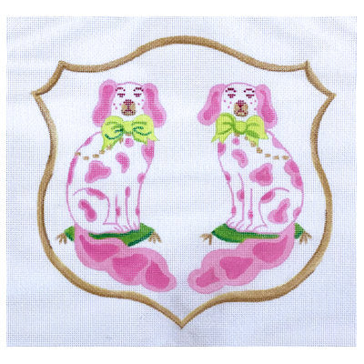 Kate Dickerson Needlepoint Collections Monogram Crest - Staffordshire Long-Tail Dogs with Bows - Pinks, Greens & Gold Needlepoint Canvas