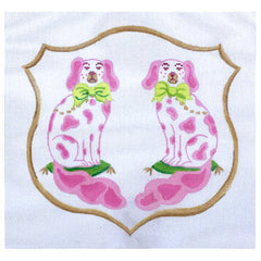 Kate Dickerson Needlepoint Collections Monogram Crest - Staffordshire Long-Tail Dogs with Bows - Pinks, Greens & Gold Needlepoint Canvas