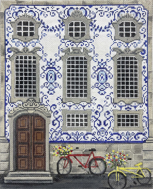 Alice Peterson Co. Portuguese Facade with Bikes Needlepoint Canvas