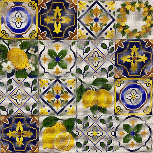 Alice Peterson Lemon Collage in Navy and White Needlepoint Canvas