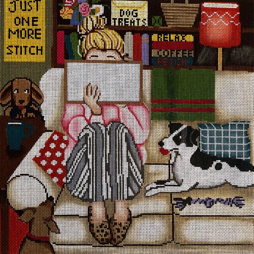 Alice Peterson Co. Stitching Girl with Dogs Needlepoint Canvas
