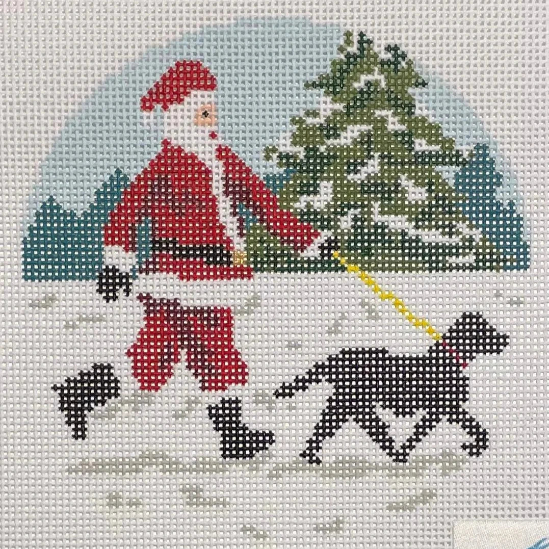 Ann Kaye Studio Sporty Santa Dog Walking Santa Black Lab Needlepoint Canvas