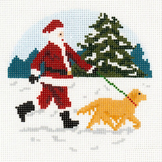 Ann Kaye Studio Sporty Santa Dog Walking Santa Golden Retriever Needlepoint Canvas