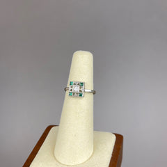 Antique Art Deco Diamond and Lab Emerald Ring in 14k White Gold