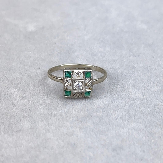 Antique Art Deco Diamond and Lab Emerald Ring in 14k White Gold