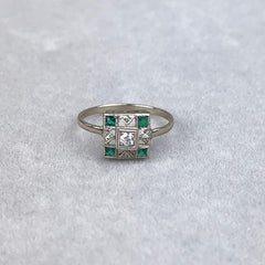 Antique Art Deco Diamond and Lab Emerald Ring in 14k White Gold