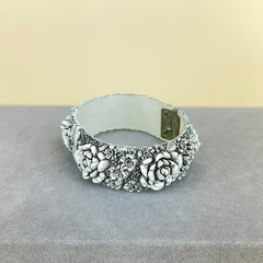 Vintage Celluloid Floral Hinged Clamper Bracelet - White with Black Wash