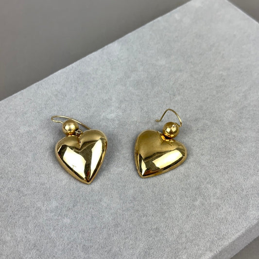 Vintage 1970s Large 14k Gold Puffy Heart Drop Earring
