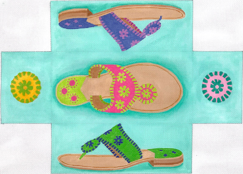 Kate Dickerson Needlepoint Collections Brick Jack Rogers Sandals Bright Multi Colors on Caribbean Needlepoint Canvas