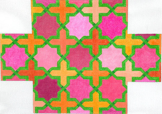Kate Dickerson Needlepoint Collections Brick Moroccan Tiles Pinks and Oranges with Greens Needlepoint Canvas