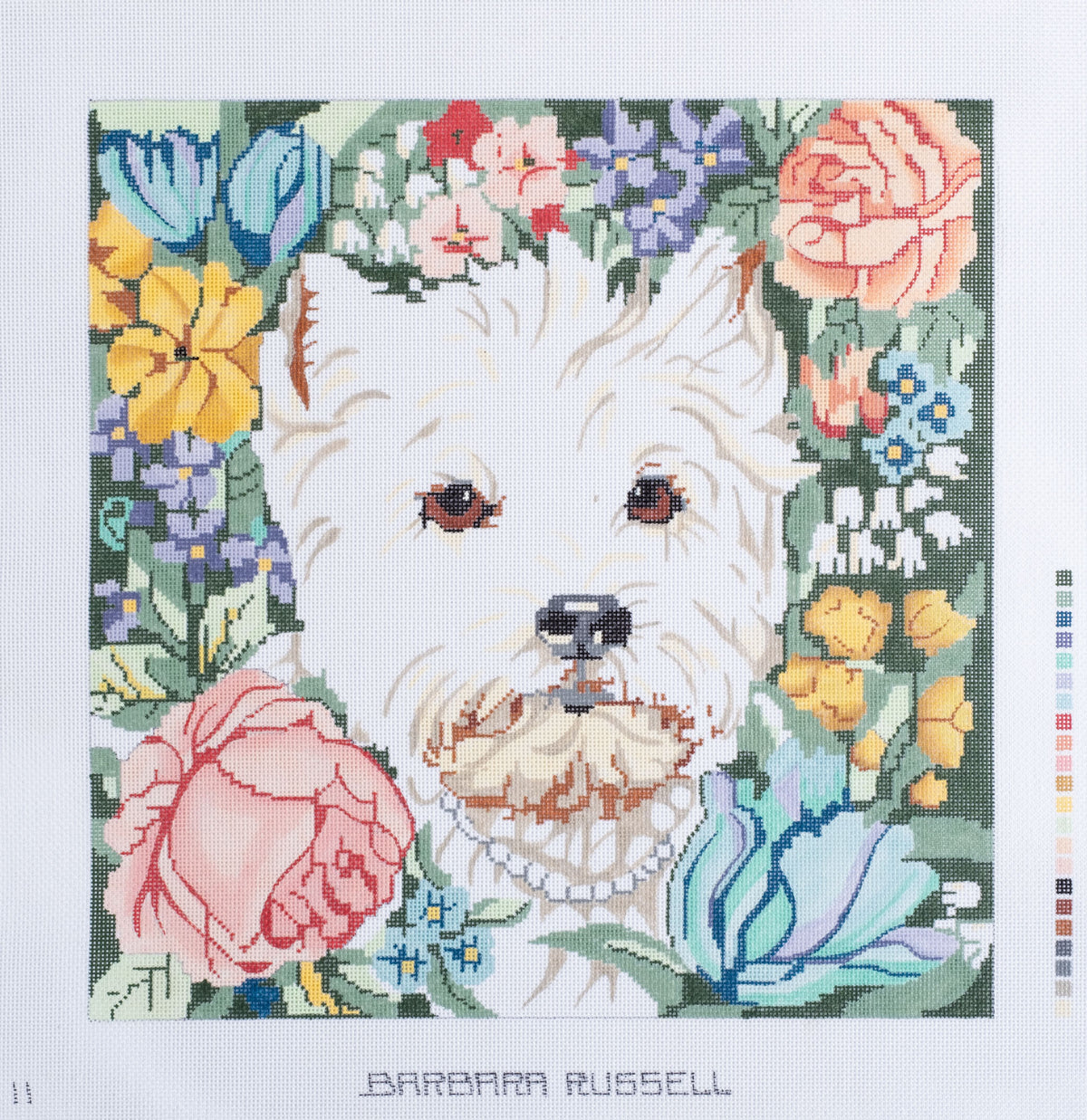 Barbara Russell Westie Dog in Flowers Needlepoint Canvas - 13M