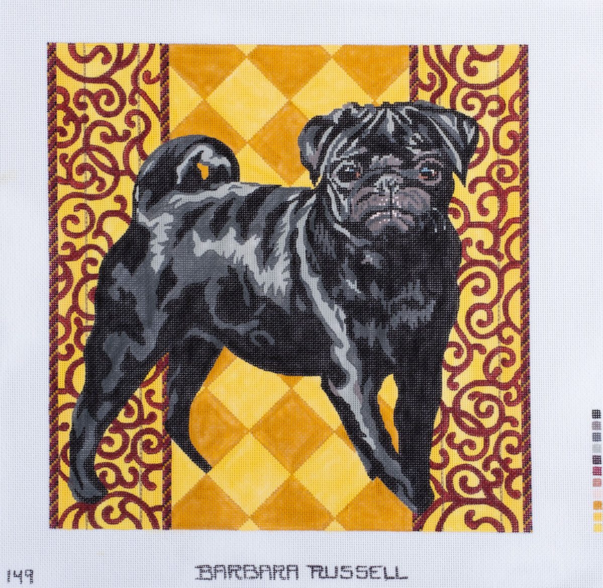 Barbara Russell Black Pug Dog on Gold Needlepoint Canvas