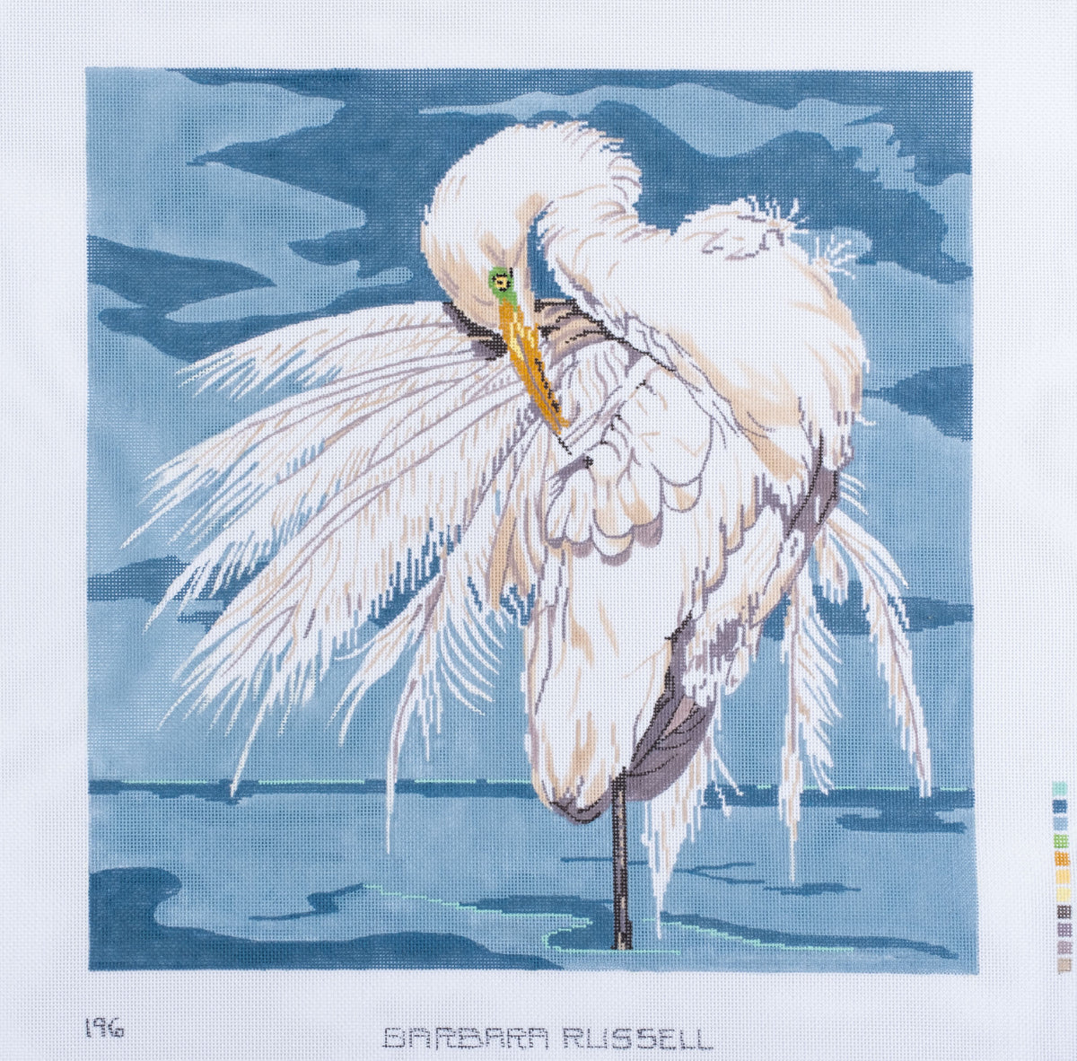 Barbara Russell Large Egret Blue Needlepoint Canvas
