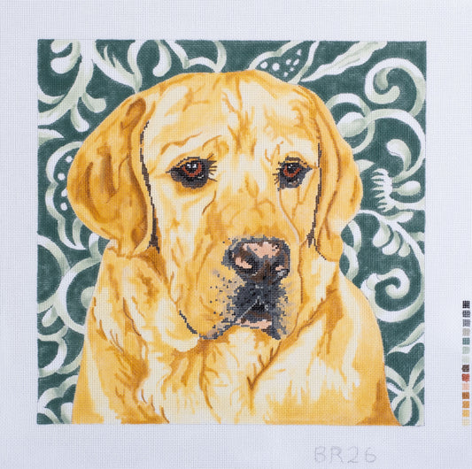 Barbara Russell Yellow Lab Dog with Scroll Background Needlepoint Canvas