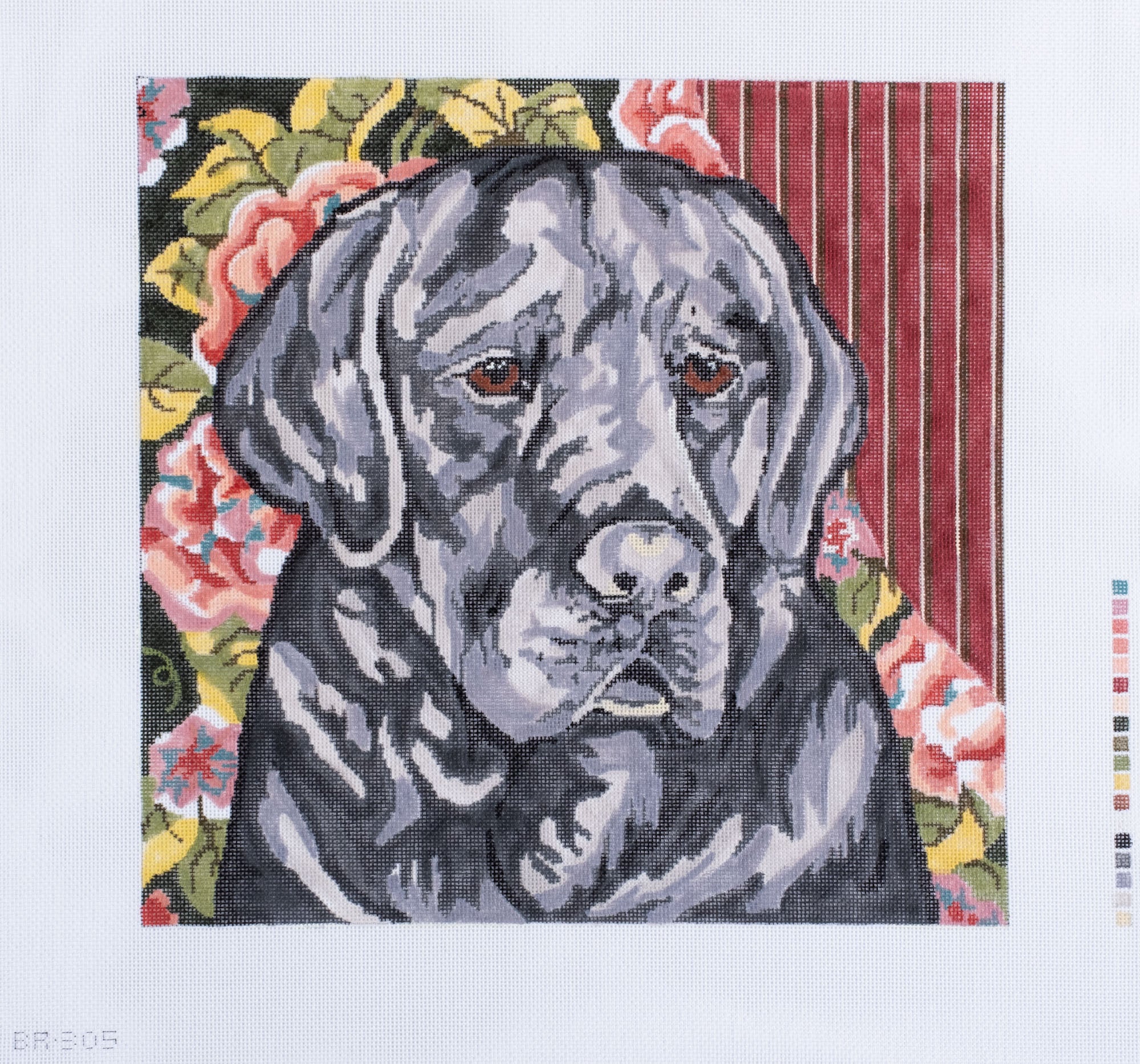 Barbara Russell Black Lab Dog on Floral Background Needlepoint Canvas