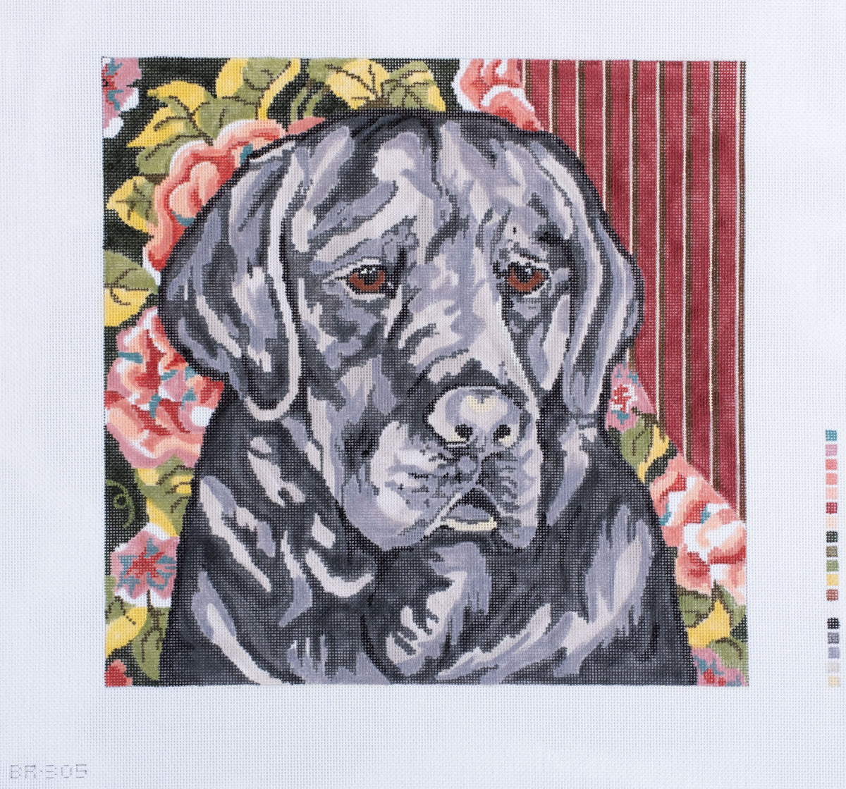 Barbara Russell Black Lab Dog on Floral Background Needlepoint Canvas