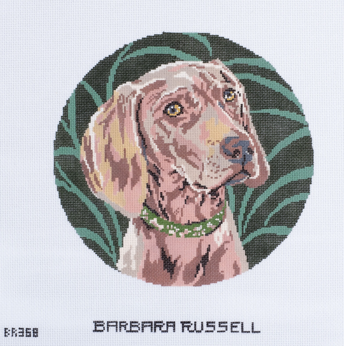 Barbara Russell Weimaraner Dog Head Round Needlepoint Canvas