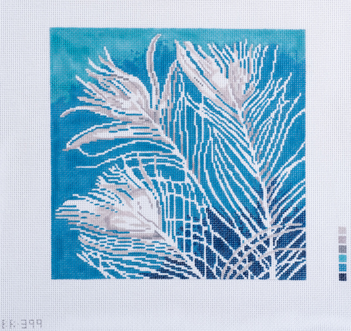 Barbara Russell White Peacock Feathers on Blue Needlepoint Canvas