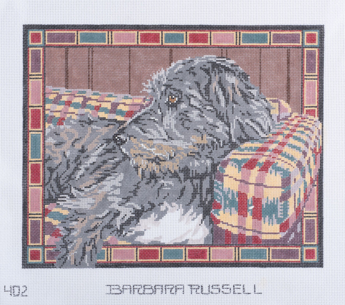 Barbara Russell Newry the Irish Wolfhound Dog on Sofa Needlepoint Canvas