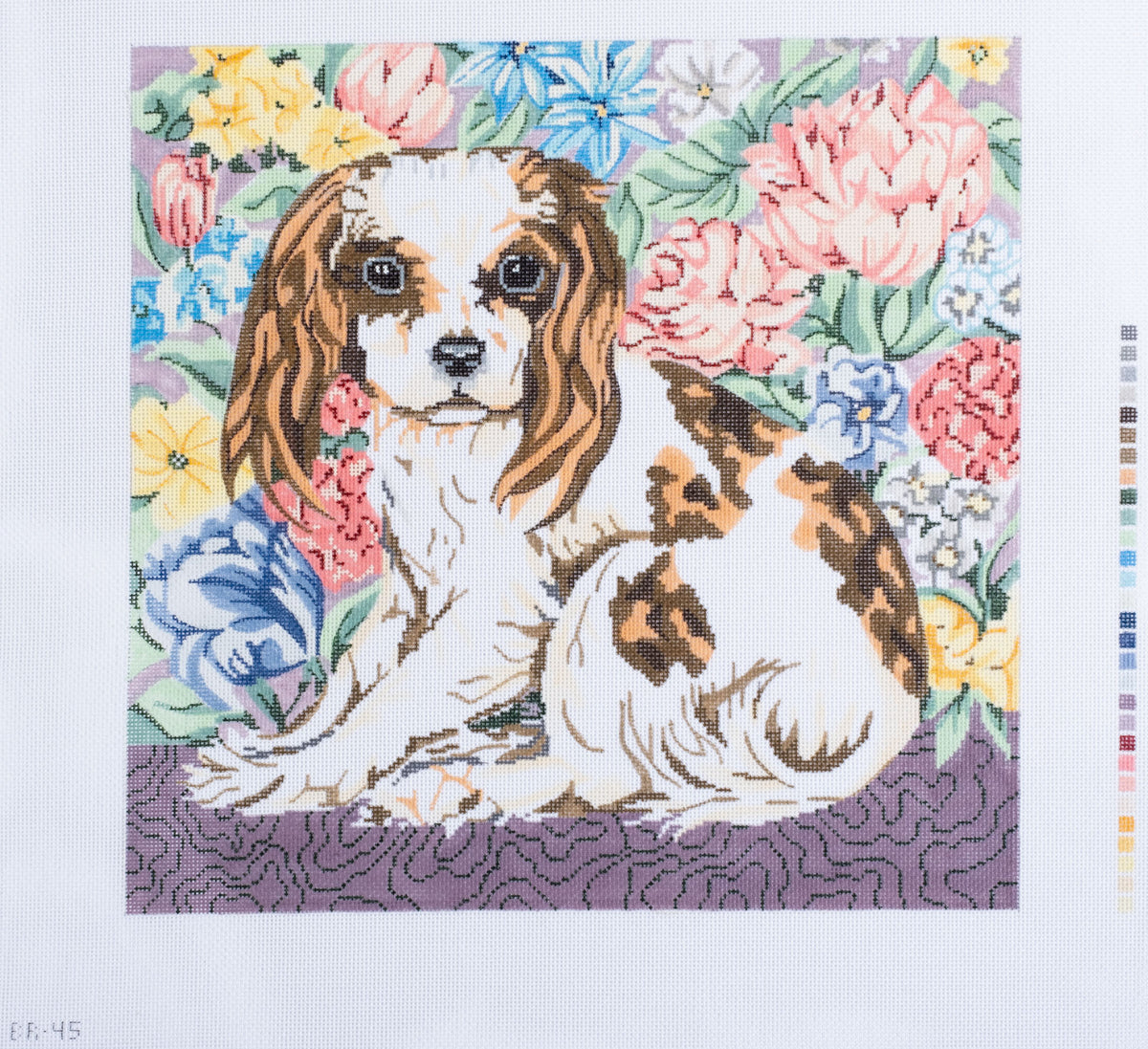 Barbara Russell Cavalier King Charles Spaniel Dog with Flowers Needlepoint Canvas