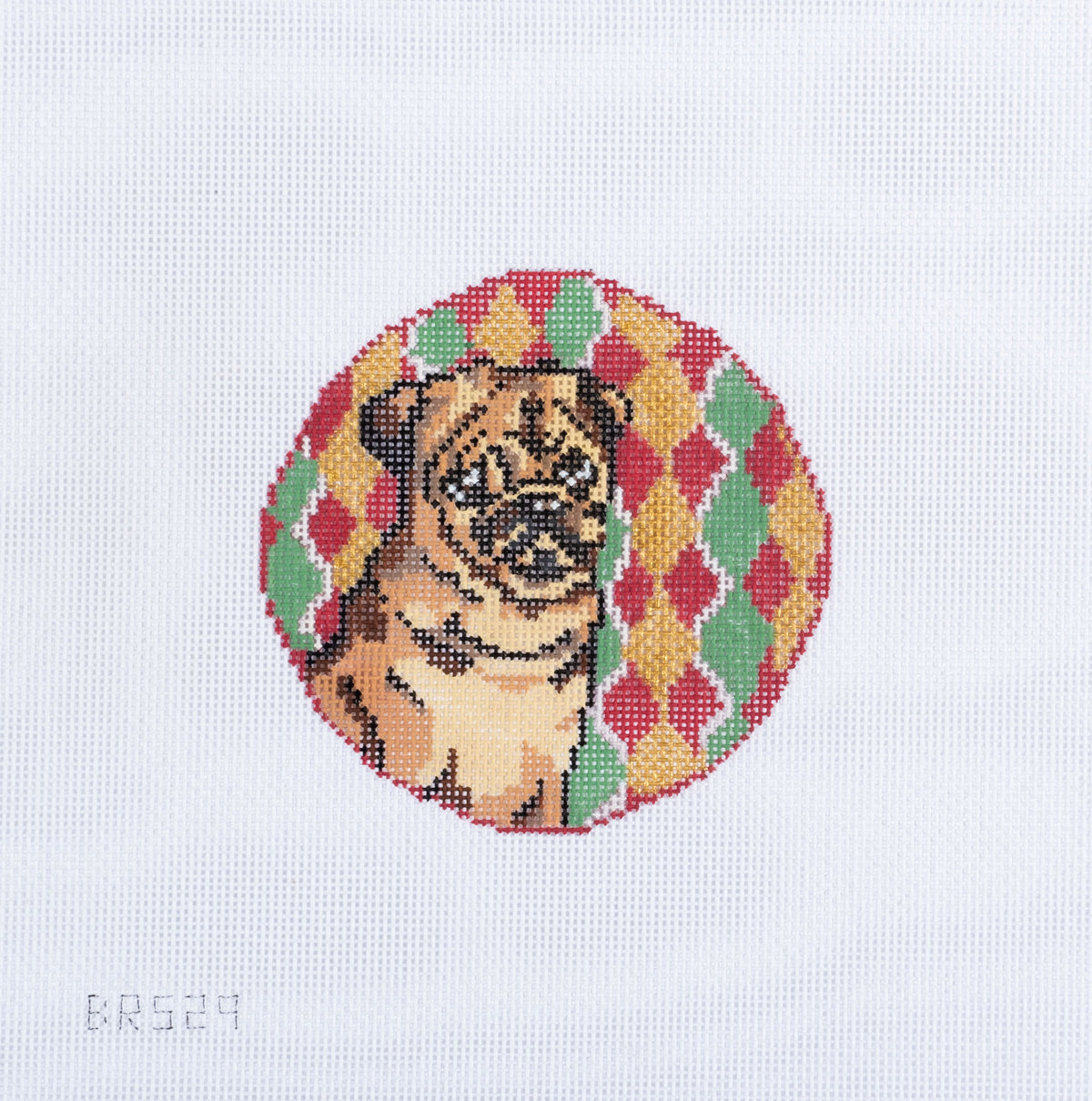 Barbara Russell Brown Pug Dog Round Needlepoint Canvas