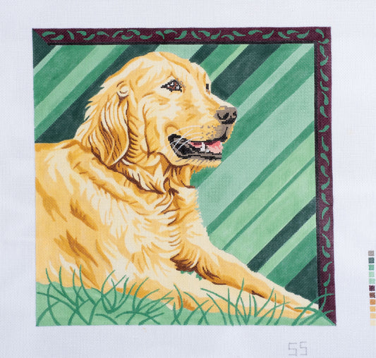 Barbara Russell Golden Retriever Dog with Stripe Background Needlepoint Canvas