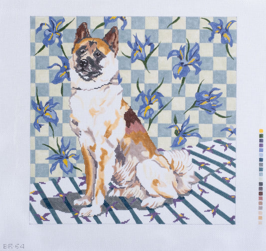 Barbara Russell Akita Dog with Irises Needlepoint Canvas