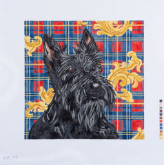 Barbara Russell Scottie Dog with Plaid Background Needlepoint Canvas