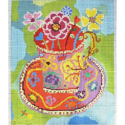 Birds of a Feather Pink Teacup Needlepoint Canvas
