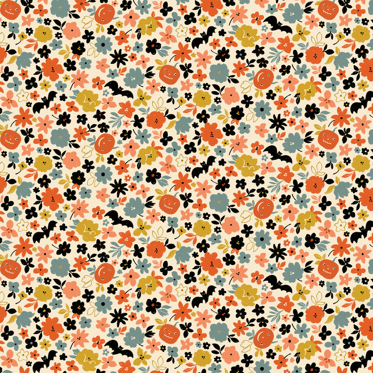 Brenda Walton Pumpkin Patch and Bats Cotton Fabric - Cream