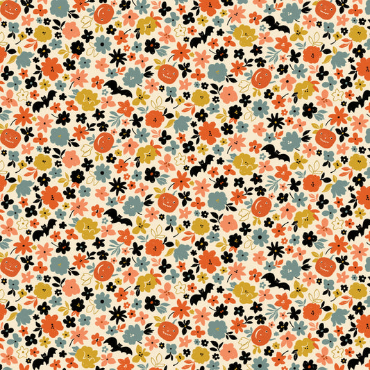 Brenda Walton Pumpkin Patch and Bats Cotton Fabric - Cream