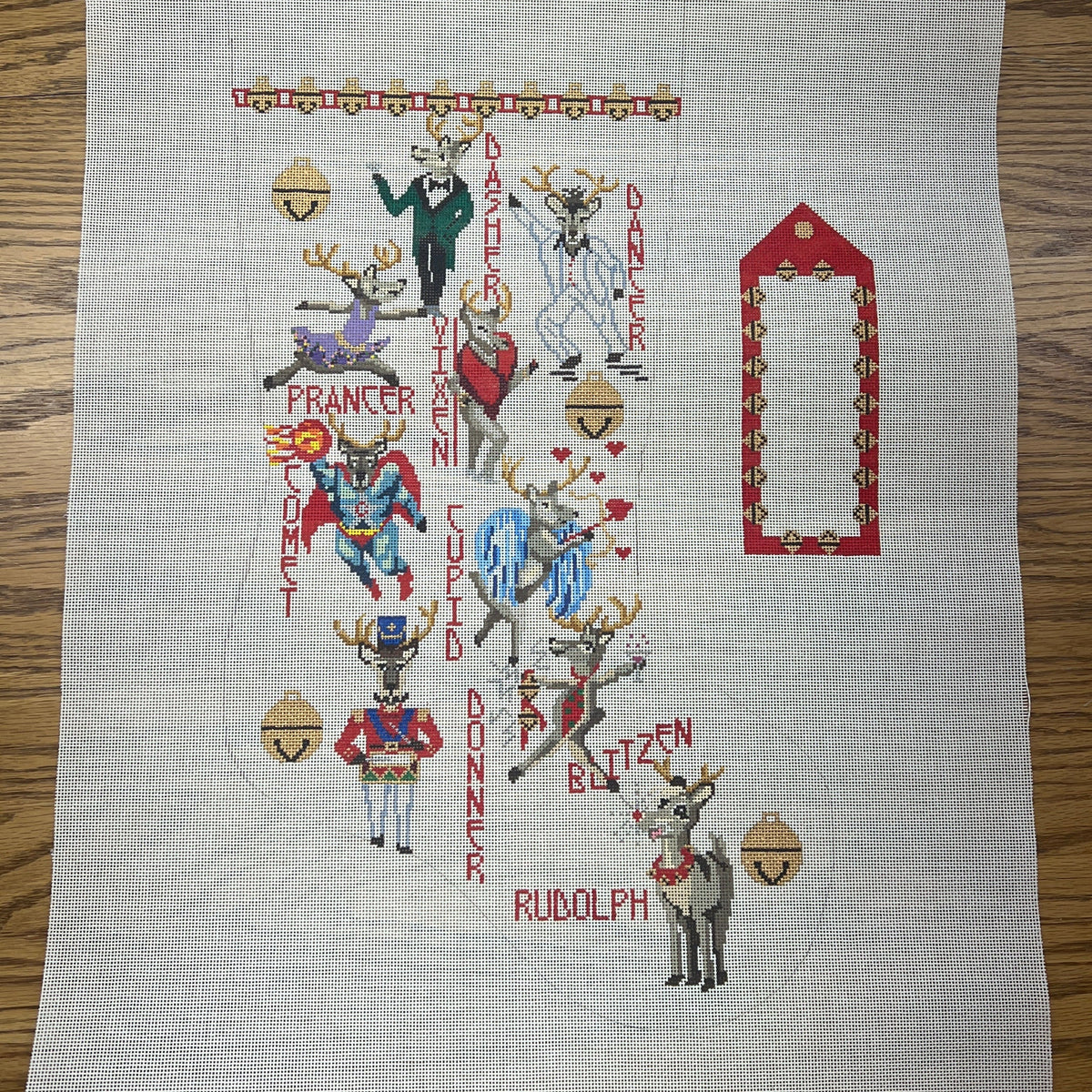 The Gingham Stitchery Amelia Bond Designs Reindeer Stocking And Tag Needlepoint Canvas