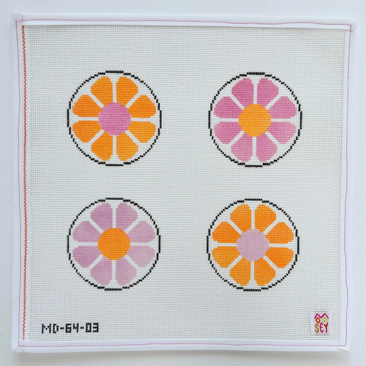 Mopsey Designs Mod Floral Coasters - Orange & Pink Needlepoint Canvas