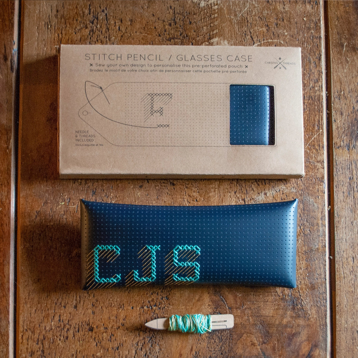 Chasing Threads Cross Stitch Eye Glasses or Pencil Case Kit - Navy Vegan Leather
