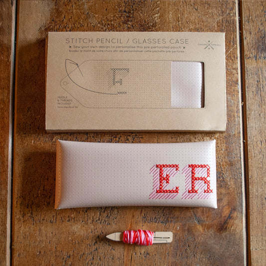 Chasing Threads Cross Stitch Eye Glasses or Pencil Case Kit - Pink Vegan Leather