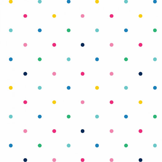 Finishing: Clothworks Emily Simplified Multi Colored Dots Cotton Fabric in White