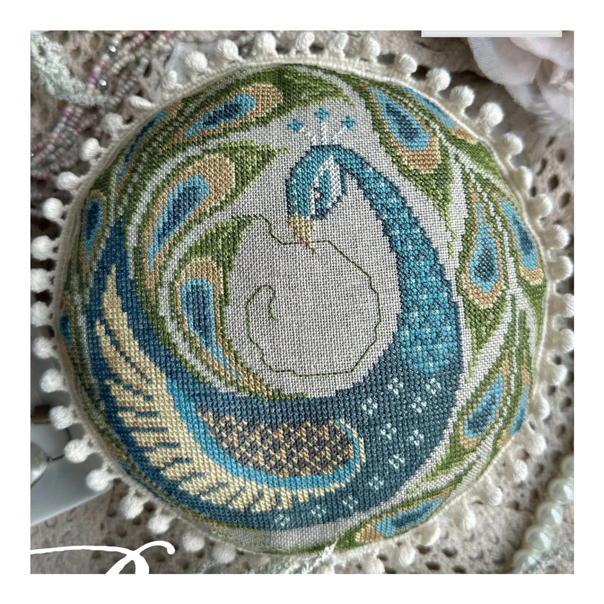 Cottage Garden Samplings Peacock Pin Cushion Cross Stitch Pattern