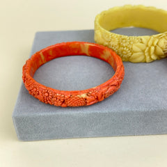 Vintage Floral and Elephant Celluloid Bangles Coral and Ivory - Set of 3