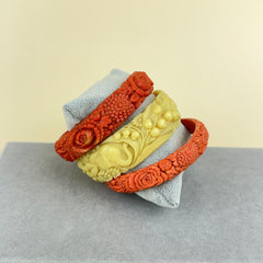Vintage Floral and Elephant Celluloid Bangles Coral and Ivory - Set of 3