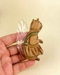 Vintage Carved Wooden Squirrel Brooch with Lucite Tail