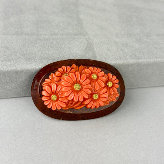 Vintage Coral Celluloid Daisies on Wood Brooch
