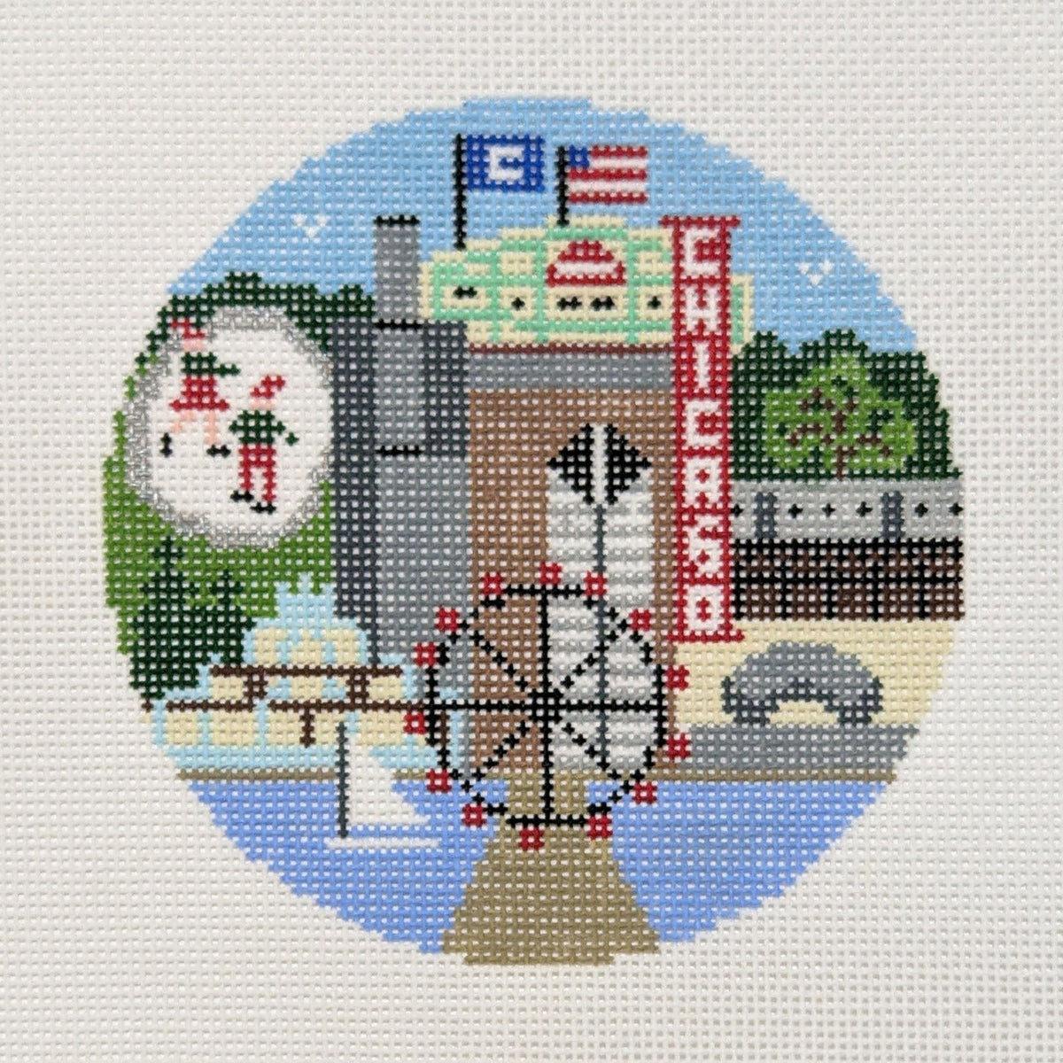 Doolittle Stitchery Chicago Travel Round Needlepoint Canvas