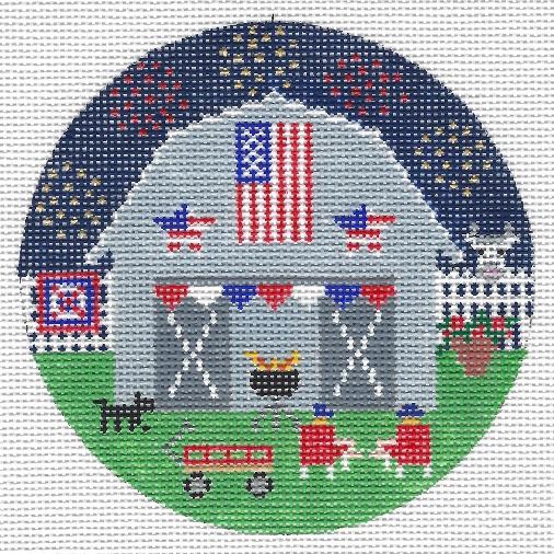 Doolittle Stitchery July 4th Barn Round Needlepoint Canvas